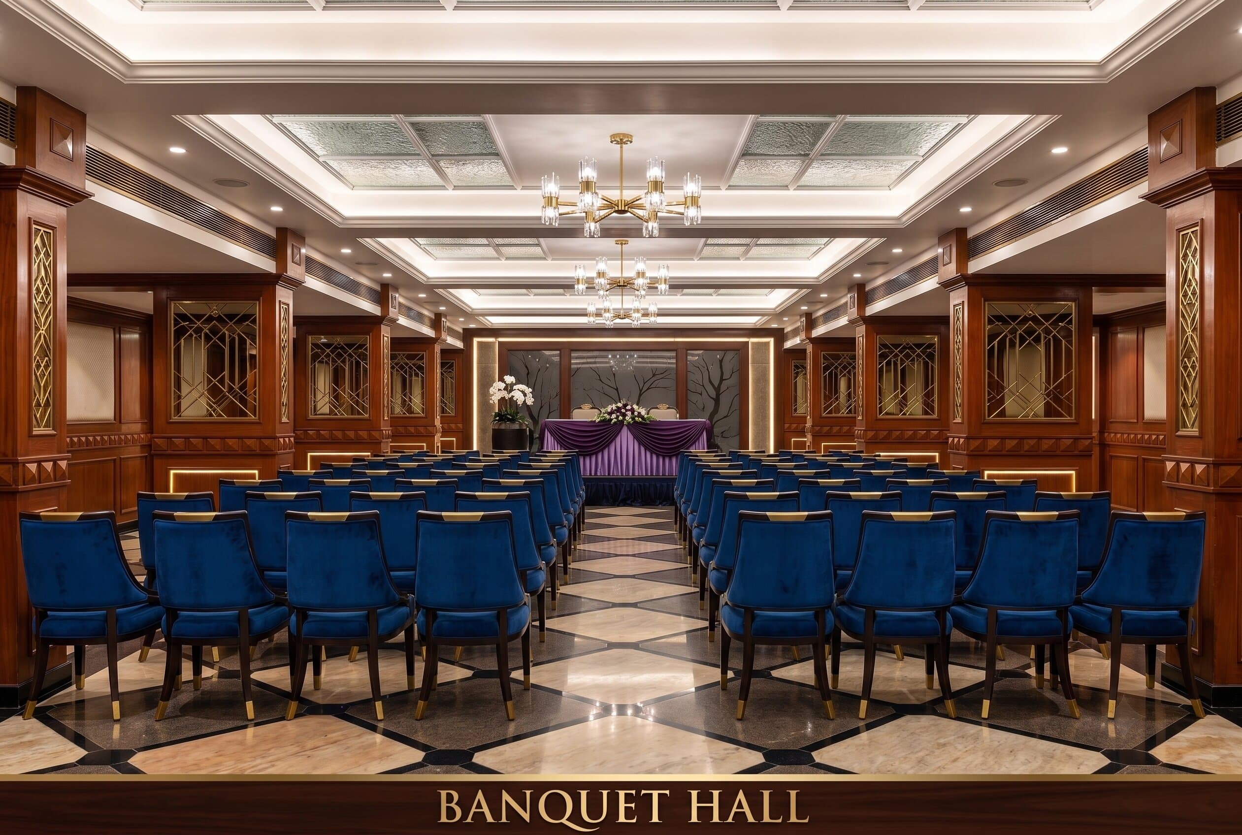 Banquet hall at Hotel Sai Prakash set for an event